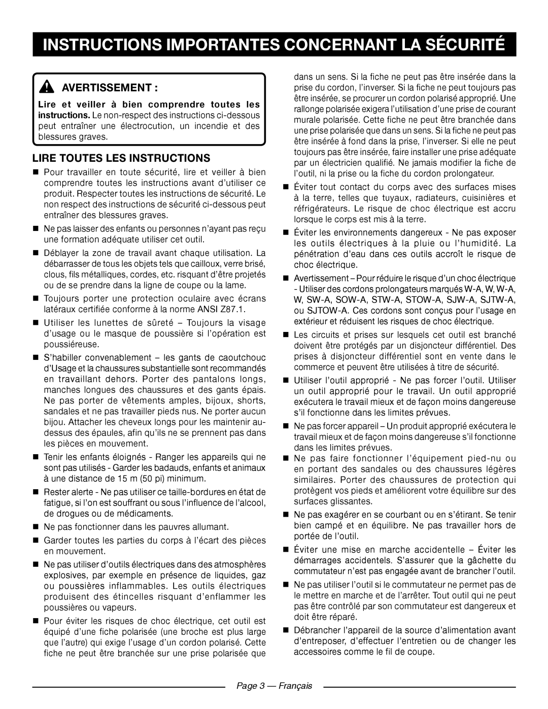 Ryobi RY41140 Instructions Importantes Concernant LA Sécurité, Avertissement , Lire Toutes LES Instructions, Français 